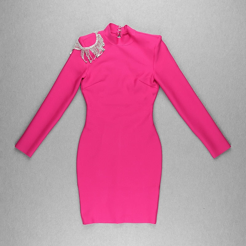 Crystal Fringe Open Back Mock Neck Long Sleeve Bodycon Dress