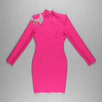 Crystal Fringe Open Back Mock Neck Long Sleeve Bodycon Dress