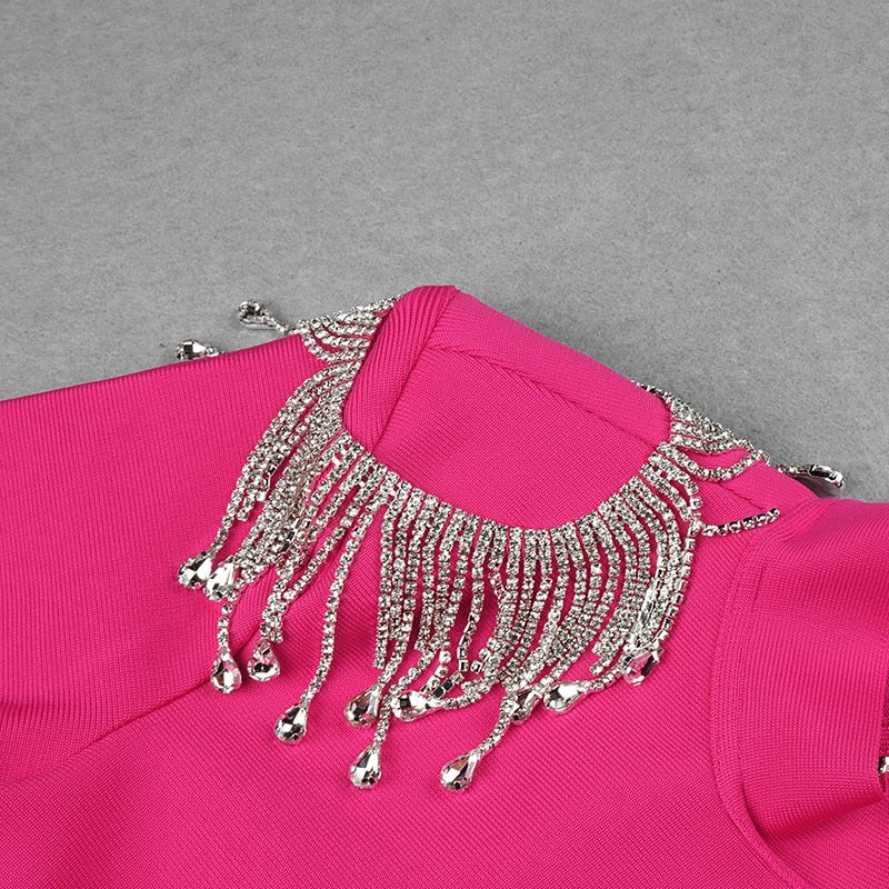 Crystal Fringe Open Back Mock Neck Long Sleeve Bodycon Dress