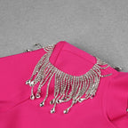 Crystal Fringe Open Back Mock Neck Long Sleeve Bodycon Dress