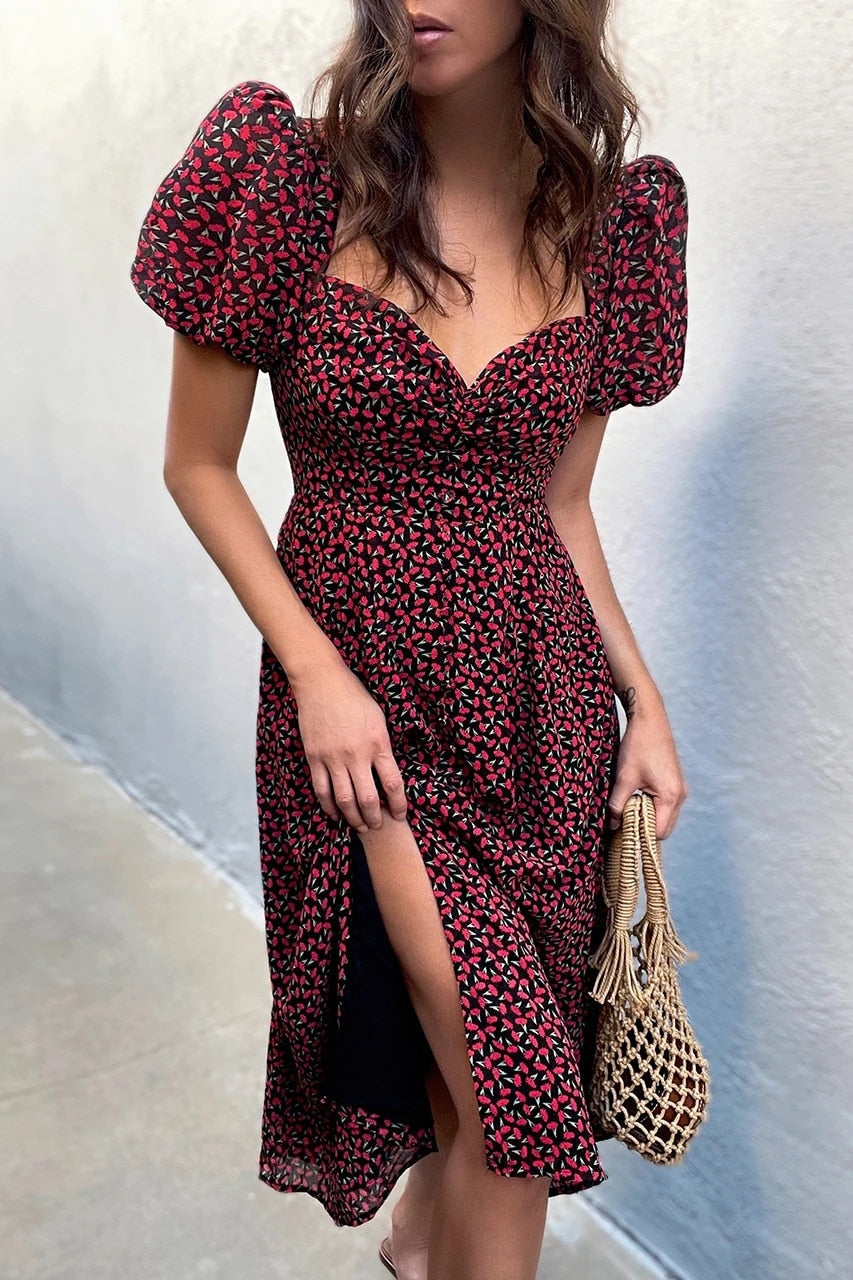 Daisy Floral Puff Sleeve Smocked Square Neck Side Slit Midi Dress