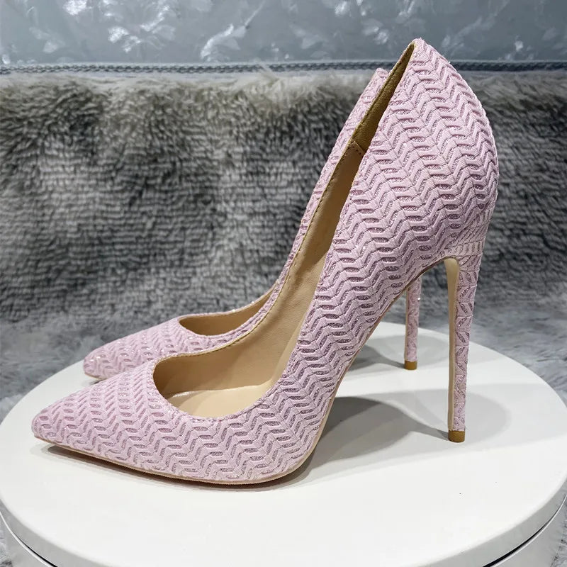 Embossed Pink Fabric Pointy Toe High Heel Party Wedding Shoes for Women