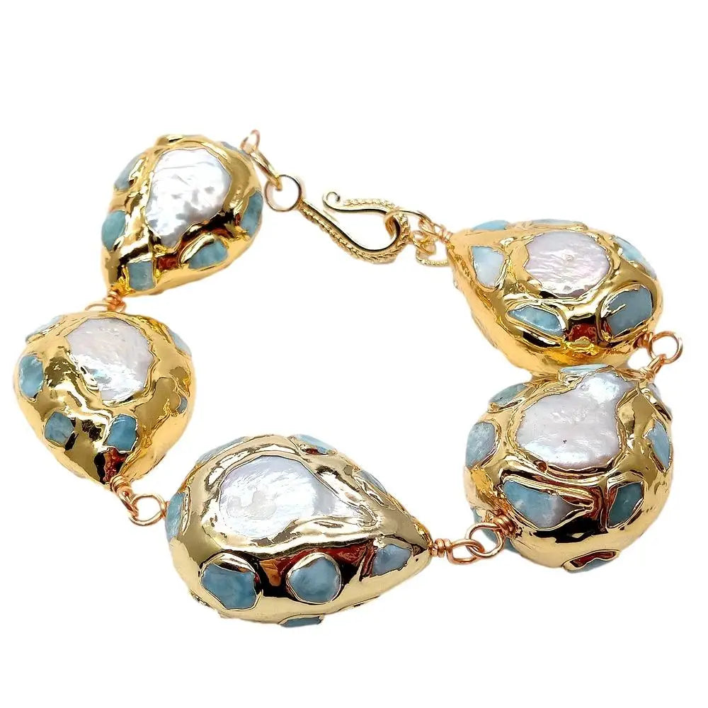 Blue Larimar with Freshwater Pearls Wrap Bracelet