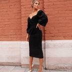 Wrap Bust Puff Sleeve Bodycon Mini Dress