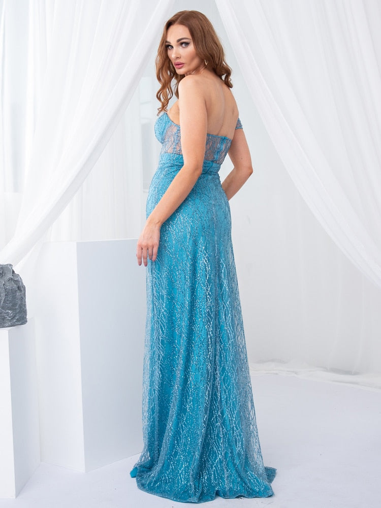 Sequin Strapless Sweetheart Corset Bodice High Split Maxi Gown