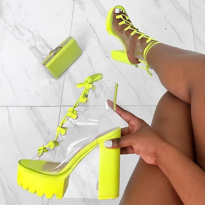 Green Transparent PVC Platform Boots for Women
