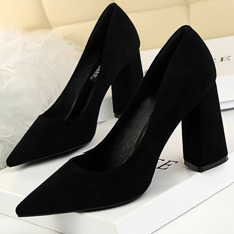 Suede Thick Heel Woman Pumps with Pointed Toe for Office Wear