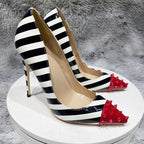Red Spikes Pointy Toe Striped Print High Heel Party Shoes