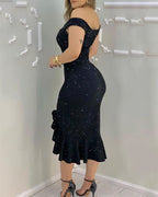 Off Shoulder Glitter Ruffle Hem High Split Bodycon Midi Dress