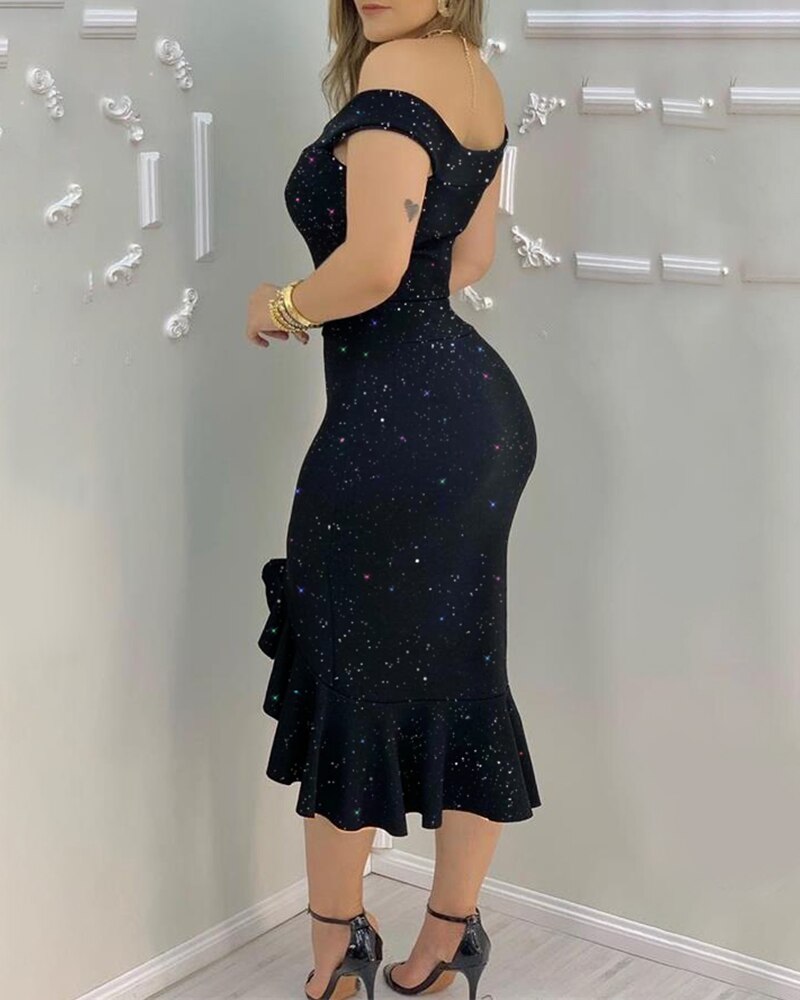Off Shoulder Glitter Ruffle Hem High Split Bodycon Midi Dress