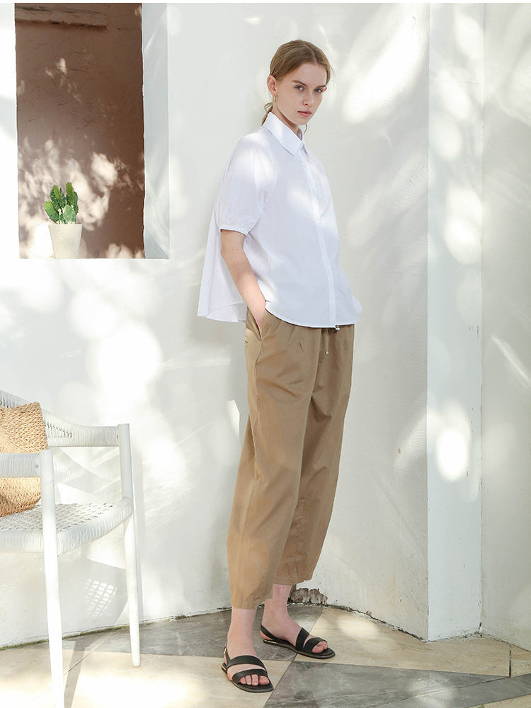 100% Cotton Wide-leg Cropped Trousers With Pockets And No Stretch