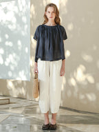 100% Cotton Wide-leg Cropped Trousers With Pockets And No Stretch