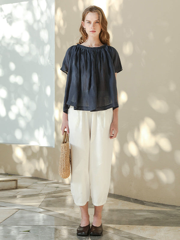 100% Cotton Wide-leg Cropped Trousers With Pockets And No Stretch