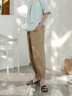 100% Cotton Wide-leg Cropped Trousers With Pockets And No Stretch