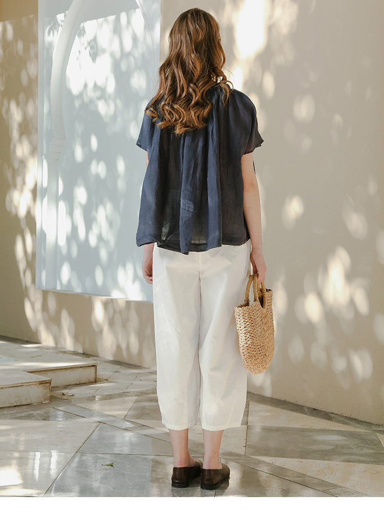 100% Cotton Wide-leg Cropped Trousers With Pockets And No Stretch