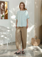 100% Cotton Wide-leg Cropped Trousers With Pockets And No Stretch