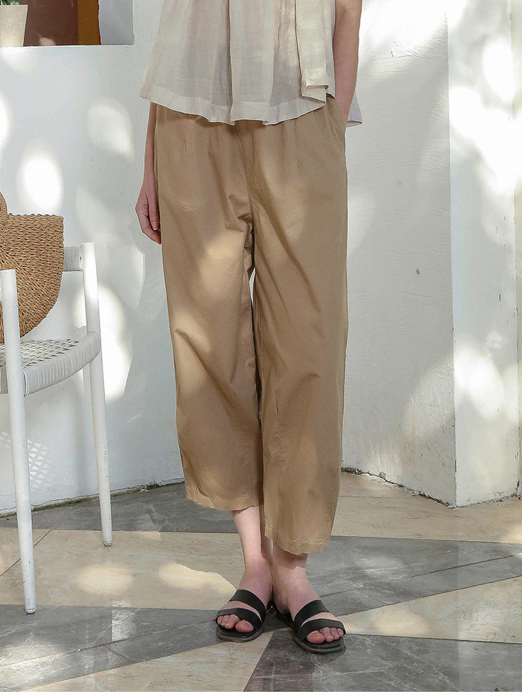 100% Cotton Wide-leg Cropped Trousers With Pockets And No Stretch