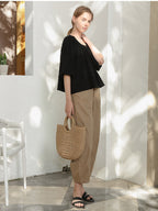 100% Cotton Wide-leg Cropped Trousers With Pockets And No Stretch