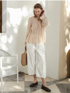 100% Cotton Wide-leg Cropped Trousers With Pockets And No Stretch