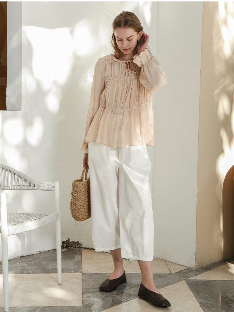100% Cotton Wide-leg Cropped Trousers With Pockets And No Stretch