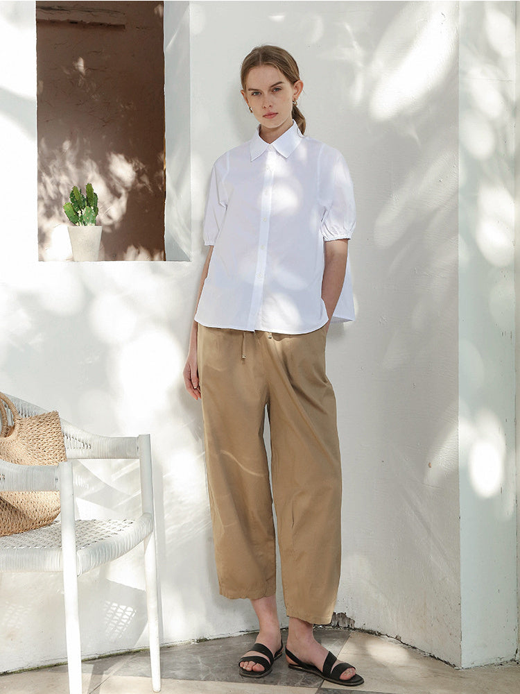 100% Cotton Wide-leg Cropped Trousers With Pockets And No Stretch