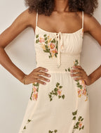 Floral Smocked Waist Tie Neck Spaghetti Strap Midi Dress