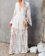 Embroidered Lace Deep V Neck Balloon Sleeve Thigh Slit Maxi Dress