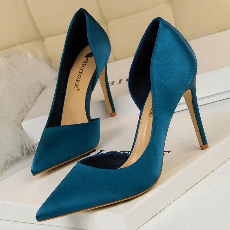 Silk High Heels Women Shoes Stiletto Heels Black Blue Silver Sexy Woman Pumps