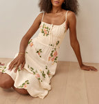 Floral Smocked Waist Tie Neck Spaghetti Strap Midi Dress