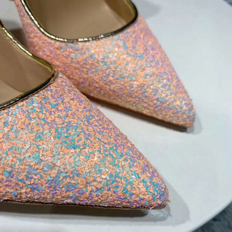 Pink Glitter Sequins Women Sexy Pumps for Wedding Party Slip On Pointed Toe Shoes