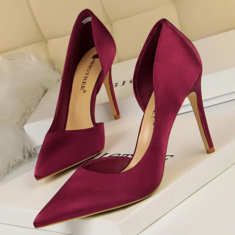 Silk High Heels Women Shoes Stiletto Heels Black Blue Silver Sexy Woman Pumps