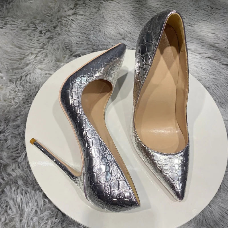 Silver Crocodile-Effect Women Sexy Pumps in 8cm, 10cm, and 12cm Pointed Toe High Heels