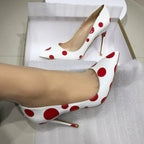 Red Polka Dot White Patent Pointy Toe High Heels for Women