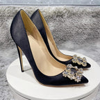 Purple Satin Pointy Toe High Heel with Glitter Square Decor