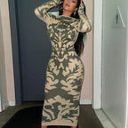 Mock Neck Long Sleeve Abstract Baroque Print Bodycon Maxi Dress