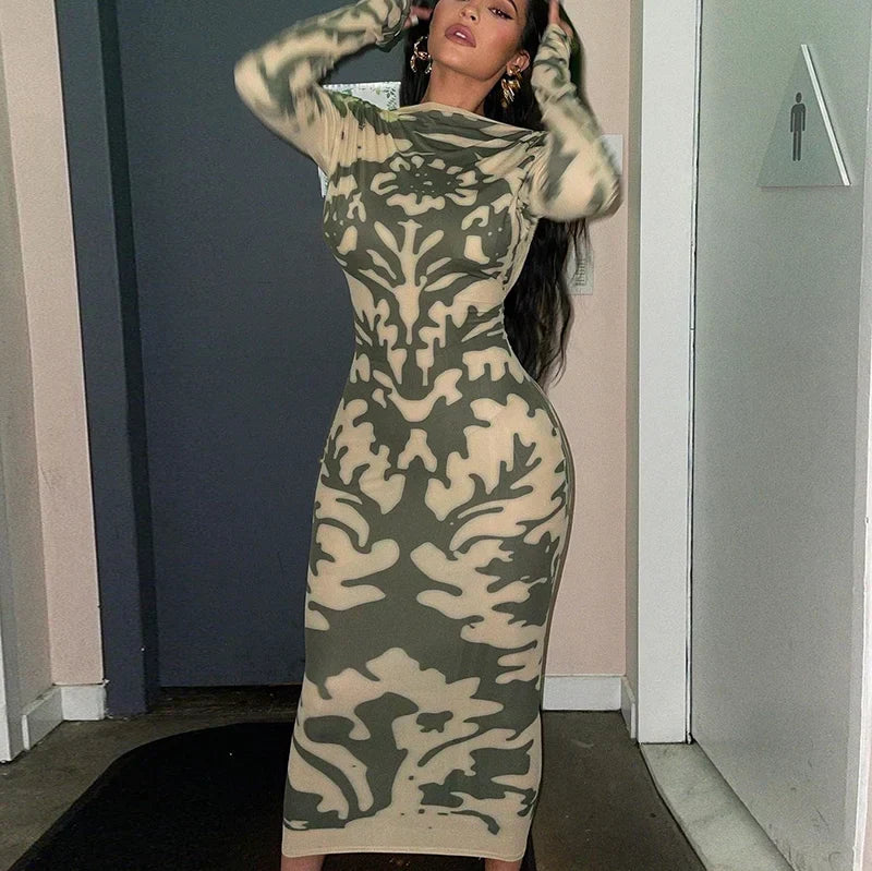 Mock Neck Long Sleeve Abstract Baroque Print Bodycon Maxi Dress