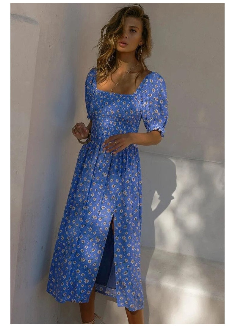 Daisy Floral Puff Sleeve Smocked Square Neck Side Slit Midi Dress