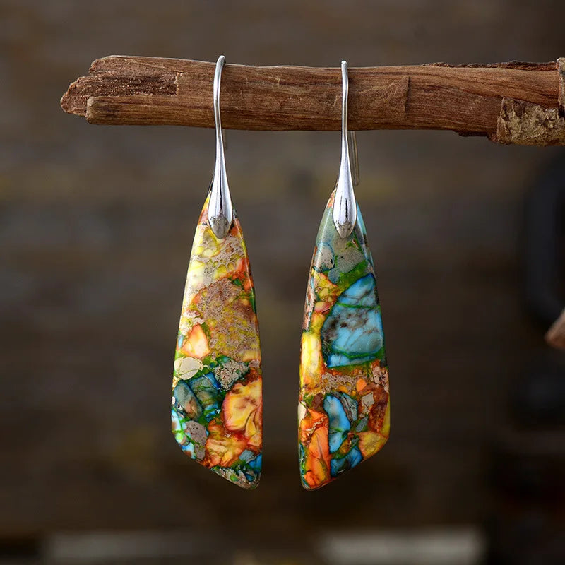Silver Plated Geometric Gemstone Jasper Earrings