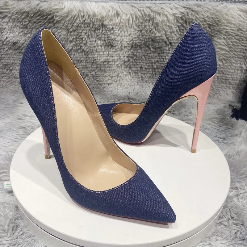 Blue Denim Jeans with Pointy Toe High Heel Shoes in Shiny Pink