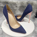Blue Denim Jeans with Pointy Toe High Heel Shoes in Shiny Pink