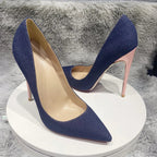 Blue Denim Jeans with Pointy Toe High Heel Shoes in Shiny Pink