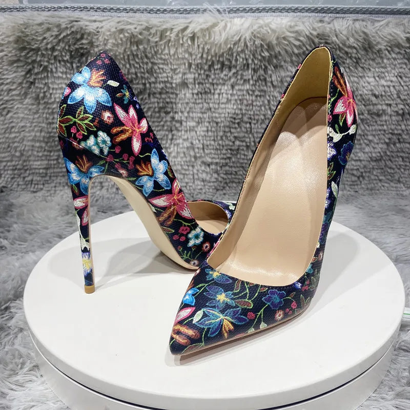 Flowers Printed Women Pointy Toe High Heel Party Dress Shoes