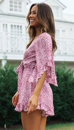 DressBetty - Floral Ruffles Loose V-Neck Romper