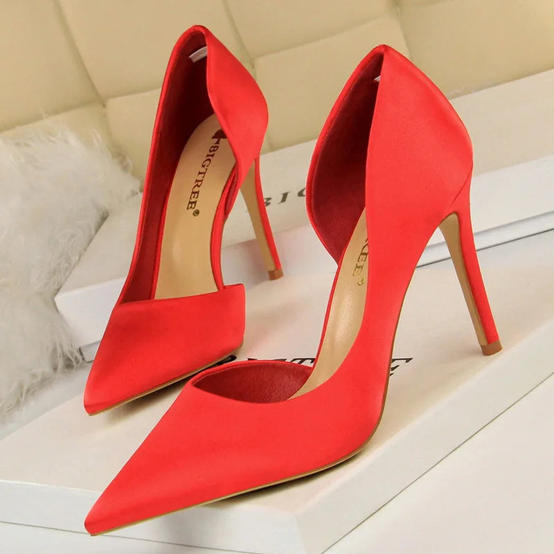 Silk High Heels Women Shoes Stiletto Heels Black Blue Silver Sexy Woman Pumps