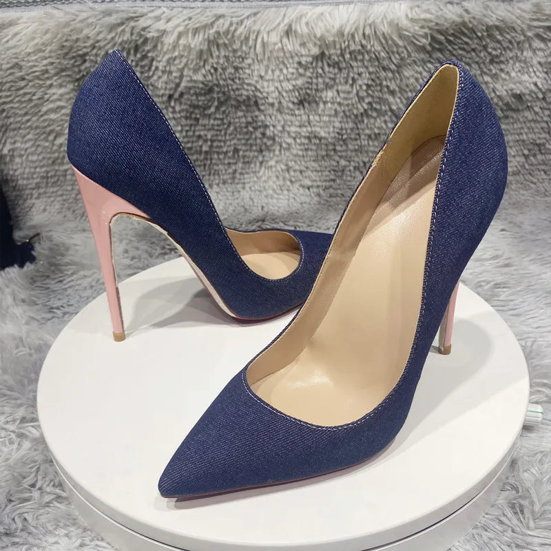 Blue Denim Jeans with Pointy Toe High Heel Shoes in Shiny Pink