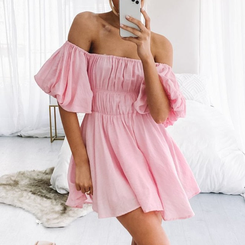 Off-Shoulder Tie Front Button Puff Sleeve Ruffle Hem Mini Dress