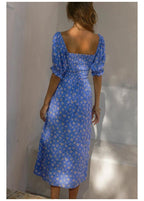 Daisy Floral Puff Sleeve Smocked Square Neck Side Slit Midi Dress