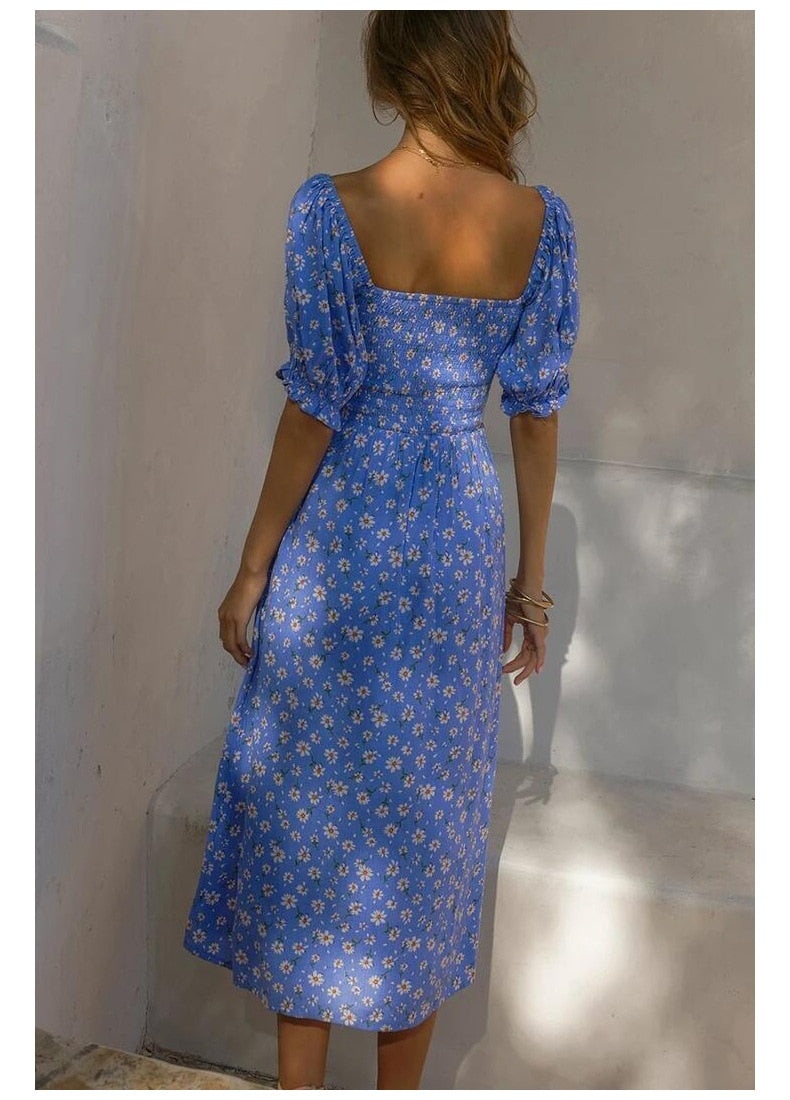 Daisy Floral Puff Sleeve Smocked Square Neck Side Slit Midi Dress