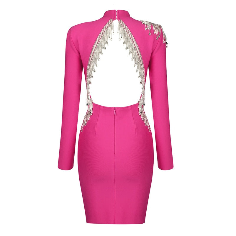Crystal Fringe Open Back Mock Neck Long Sleeve Bodycon Dress