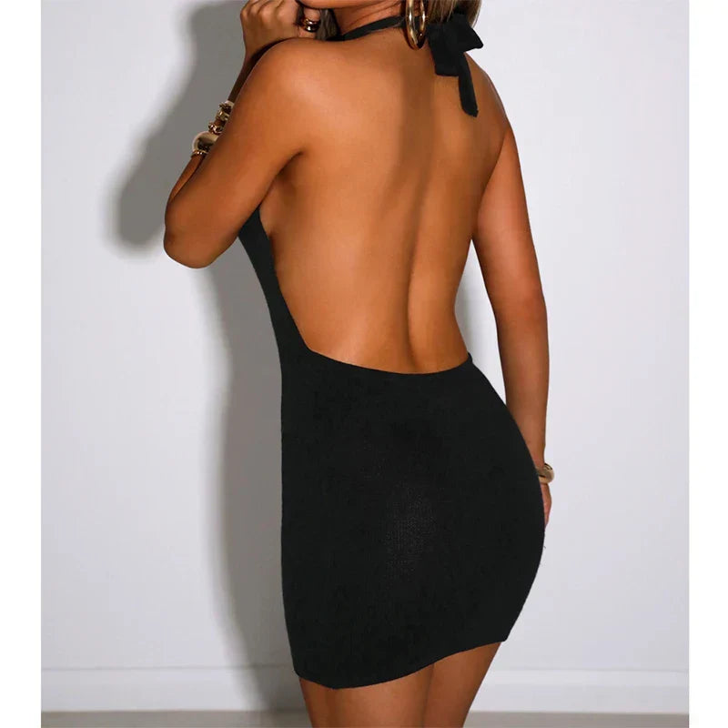 Halter Neck Ribbed Knit Side Cut Out Backless Mini Dress